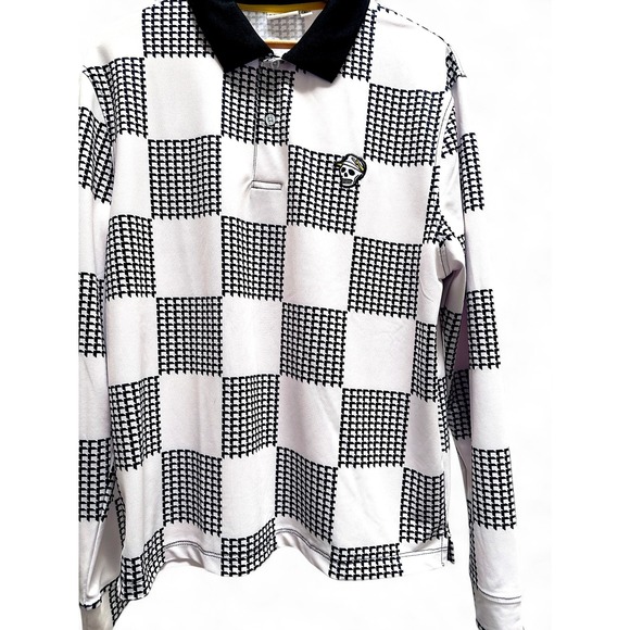 Devereux Golf Shirt Men's Small Skull Logo Long Sleeve Polo Black White Check - Picture 5 of 15